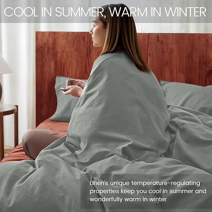 2Pcs Organic Linen Duvet Cover Twin Size, 100% French Linen from Normandy, Soft & Durable Earl Gray Bedding Set Comforter Cover with 1 Pillowcases, 1 Duvet Cover with Zipper