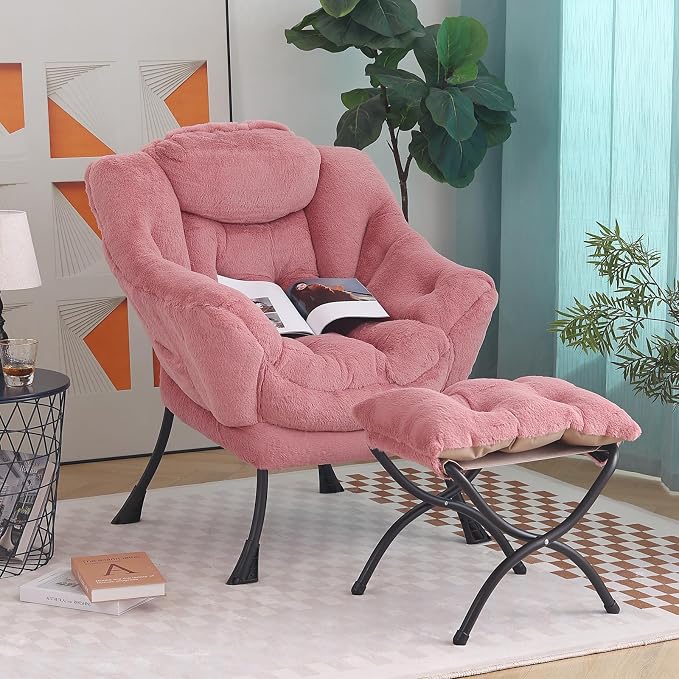 Tiita Lazy Chair with Ottoman, Pink Modern Large Accent Armchair, Comfy Leisure Sofa Reading Chair with Footrest for Bedroom, Living Room, Dorm Rooms, Garden, Plush Dark Pink