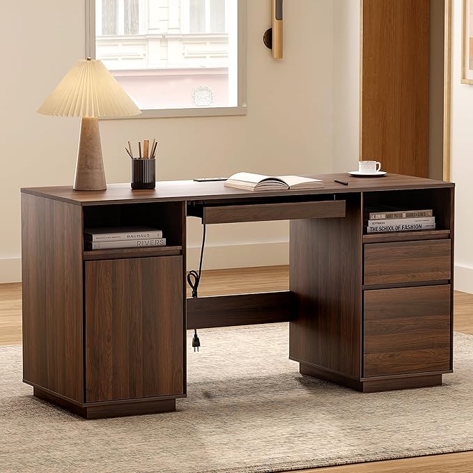 EYYTHUNG 59" Office Desk, Farmhouse Wide Home Executive Desk with File Drawer & Open Storage & Power Outlet, Wooden Computer Desk for Study Writing, Brown