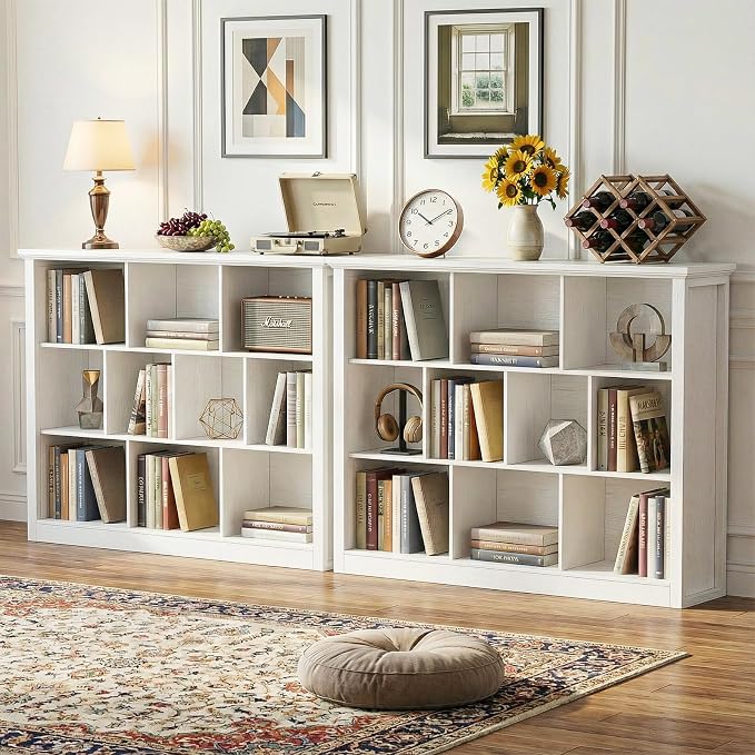 Unikito 10 Cube Storage Book Shelf - 50" Wide Wood Cube Storage Organizer, Wooden 3 Tiers Floor Standing Low Bookcase for Living Room, Bedroom, Home Office, Kids Room, Rustic White
