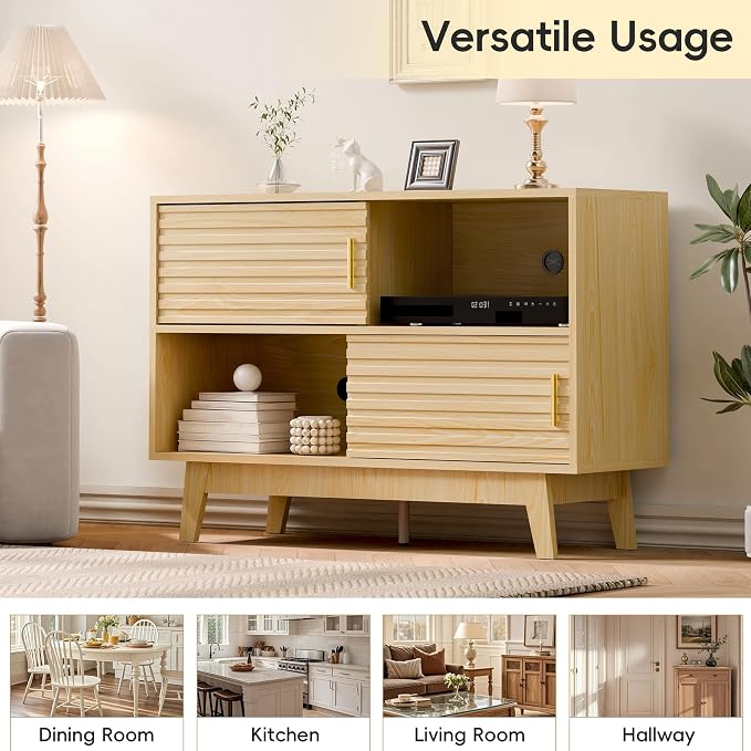 Fluted Buffet Sideboard Oak, Modern Storage Cabinet w/Cord Cutout, Accent Cabinet with Solid Wood Legs, Console Table w/Sliding Doors Open Shelves, Credenza for Living Room, Hallway, Entryway