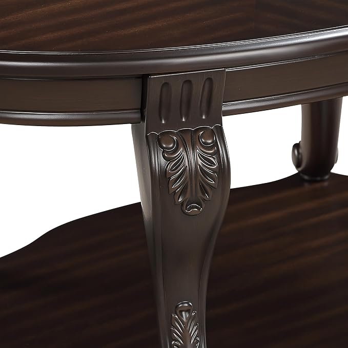 JIJIWANG Wood Round Sofa Table with Antique Carved Legs Oval End Table with Buttom Shelf for Small Space, Espresso