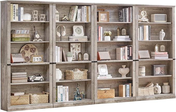 70" Grey Tall Bookshelf Set of 4,5-Tier Thick Wooden Book Shelf with Adjustable Shelves,Free Standing Farmhouse Bookcase with Open Display Storage,Floor Vintage Bookshelves for Living Room