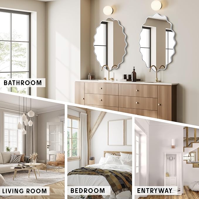 Oval Wavy Wall Mirror -Irregular Wall Mirror with Silver Asymmetrical Aluminum Alloy Frame,24"x36" Decorative Wall Mirrors for Bathroom, Bedroom, Living Room, Dining Room，Entryway