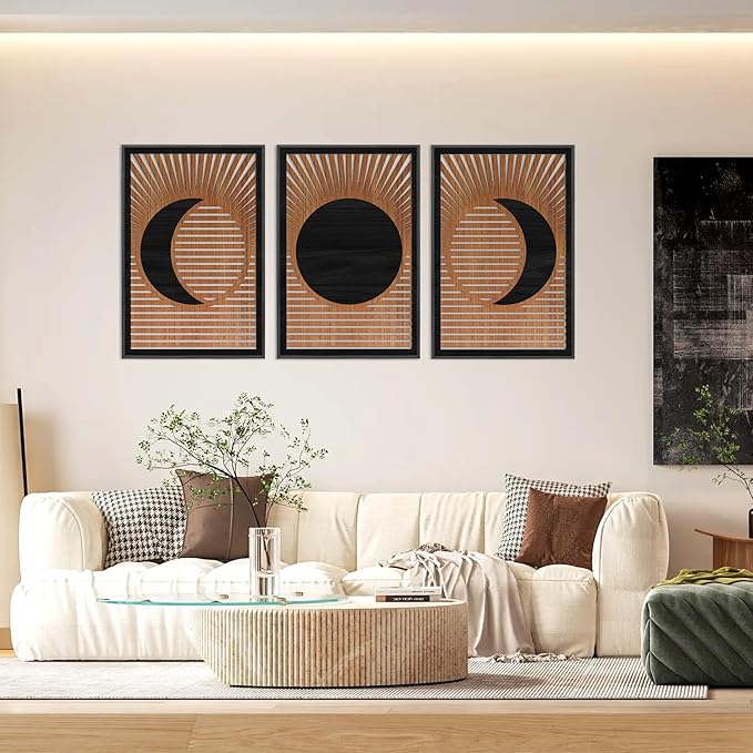 CHDITB Wooden Moon Phase Celestial Framed Wall Decor(Set of 3, 16"x24"), Boho Geometric Moon Appearance Line Art Hollow Laser Cut Decor, Nordic Gothic Minimalist Artwork Wall Sculpture for Living Room Bedroom