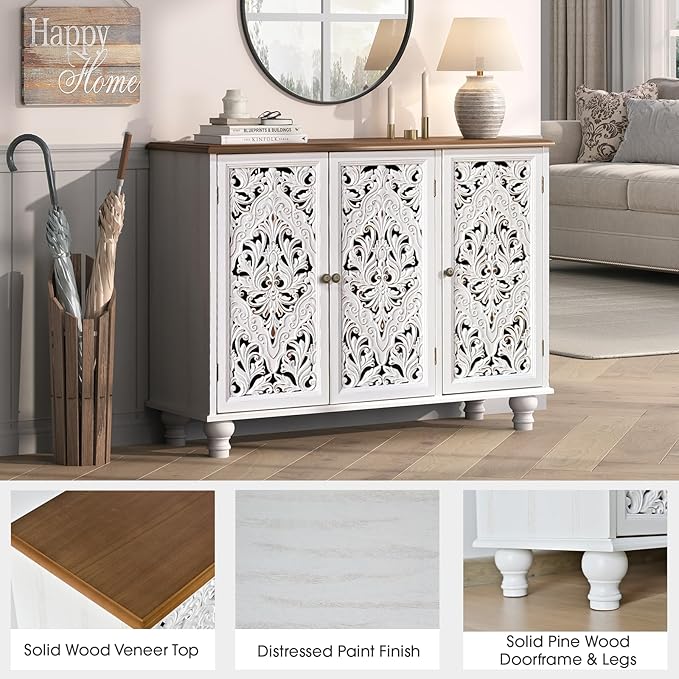 JOINICE Accent Cabinet with 3 Carved Doors,Farmhouse Buffet Cabinet with Storage for Living Room, Entryway, Dining Room, Coffee Bar(White)