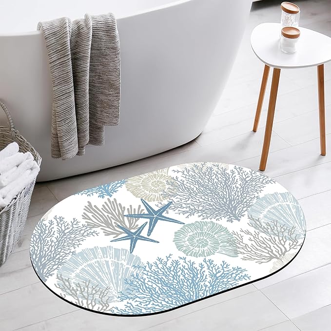 Bathroom Rug Mat Marine Sea Shells Stars Oval Bath Mat Doormat Absorbent Quick Dry Non Slip Diatom Mud Mat for Shower Tub Sink Laundry Kitchen Doorway 23.6x15.7 Inches