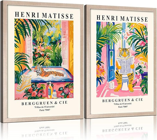 Framed Henri Matisse Tiger Wall Art Canvas Print Colorful Modern Painting Poster Funny Bathroom Poster Living Room Bedroom Gallery Home Wall Decor 16x24 Inch x2 Ready to Hang