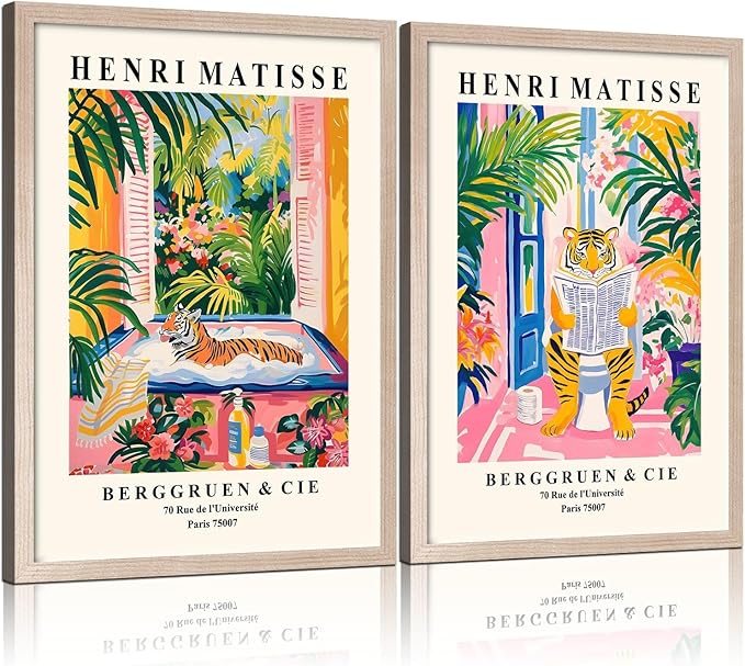Framed Henri Matisse Tiger Wall Art Canvas Print Colorful Modern Painting Poster Funny Bathroom Poster Living Room Bedroom Gallery Home Wall Decor 12x16 Inch x2 Ready to Hang