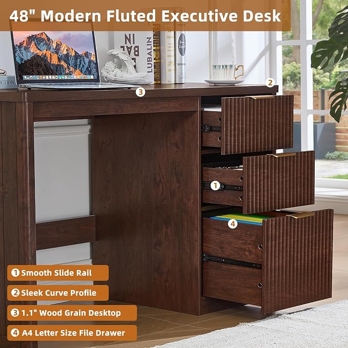 LEYAOYAO Office Desk 48" with 3 Drawers Storage File Cabinet Wood Fluted Desk for Computer Office Bedroom Home Furniture Walnut