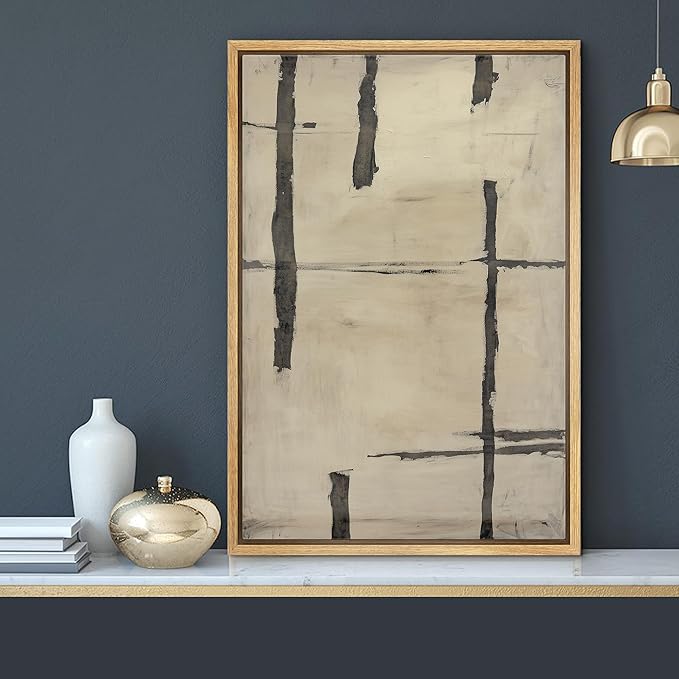 MUDECOR Framed Canvas Print Wall Art Black & Beige Brushstroke Abstract Illustrations Fine Art Mid-Century Modern Multicolor for Living Room, Bedroom, Office - 16"x24" NATURAL
