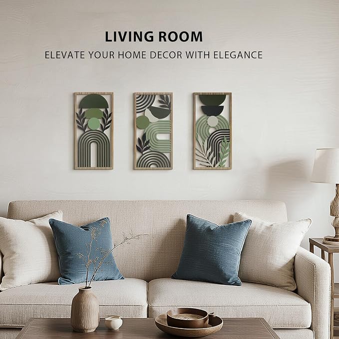 VIYYIEA Boho Solid Wood Carved Wall Art Set of 3, Geometric Minimalist Wooden Home Decor Panels, Handcrafted Solid Wood Wall Hanging for Living Room Bedroom Hallway, 16 x 8 Inch Each (Boho Green)