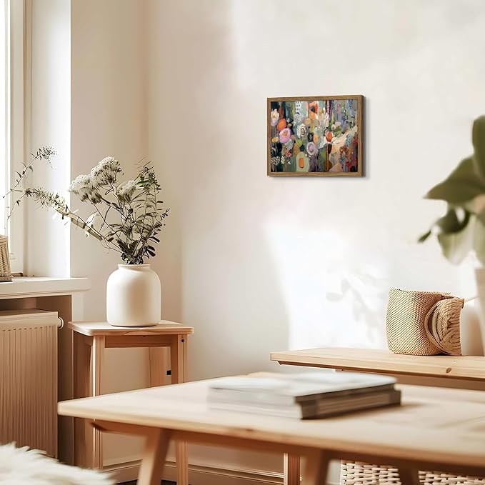 Framed Vintage Colorful Flower Canvas Wall Art, Abstract Floral Graffiti Poster Prints, Modern Boho Botanical Artwork, Elegant Nature Wall Decor for Living Room Bedroom Office 12x16in