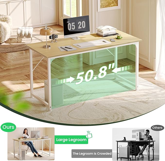Huuger Computer Desk, 54 Inch Office Desk, Gaming Desk with Storage, Writing Desk Work Desk for Home Office, Study, Modern Simple Desk, Large Legroom, Metal Frame, Maple