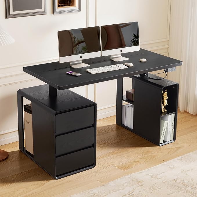 AVZEAR Farmhouse Electric Standing Desk, 55" Height Adjustable Computer Stand up Desk with 3 Drawers and Storage Shelf, Mid Century Modern Home Office Desk Wood Sit Stand Desks for Work, Study, Black