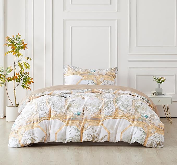 SAPHREAS Gold Floral Duvet Cover Set 3pcs Queen Size White Flower Botanical Blossom Bedding Comforter Cover Set 100% Cotton 1 Duvet Cover 2 Pillow Shams, Comforter Not Included
