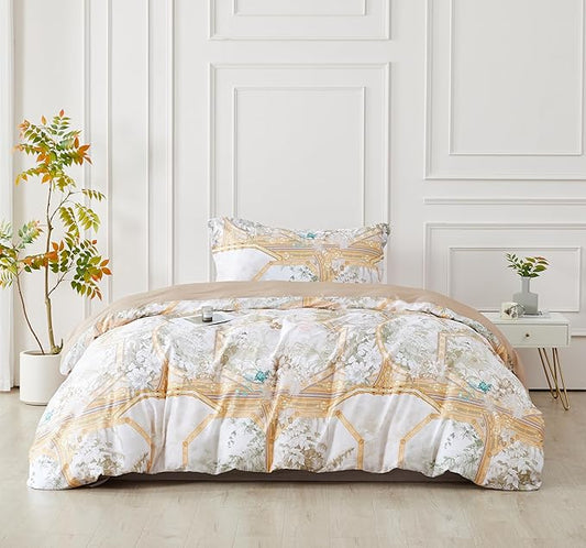 SAPHREAS Gold Floral Duvet Cover Set 3pcs Queen Size White Flower Botanical Blossom Bedding Comforter Cover Set 100% Cotton 1 Duvet Cover 2 Pillow Shams, Comforter Not Included