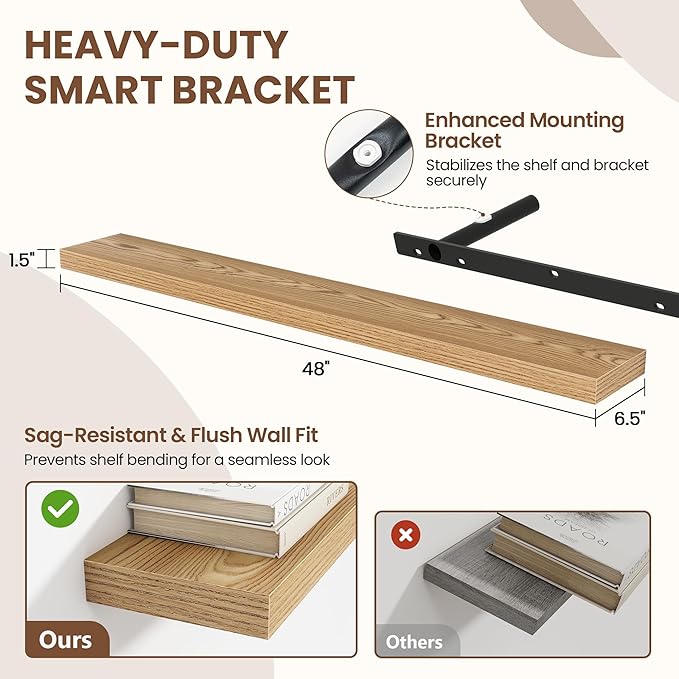 48 Inch Floating Shelves for Wall 2 Pack, 48" Wall Shelves for Books, Storage, Decor, Wall Mounted Floating Shelf with Invisible Brackets for Kitchen, Living Room, Light Brown