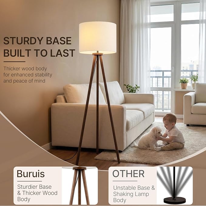 Buruis 60.6" Solid Wood Tripod Floor Lamp with 15.7" Large Linen Shade, Mid-Century Walnut Finish Standing Lamp for Living Room, Bedroom, Office, Corner, UL Listed, Bulb Not Included, Beige