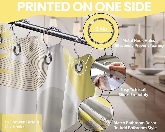 Mustard Yellow and Grey Shower Curtain Light Yellow and Gray White Shower Curtains for Bathroom Decor Abstract MCM Bath Curtain Set, Waterproof Fabric with Hooks 70 x 84 Inch