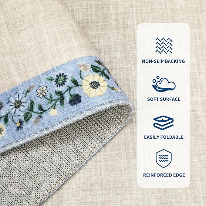 GarveeHome Washable Rugs for Living ROM 8 x 10 Large Area Rug Farmhouse Floral Bordered Bedroom Carpet Indoor Non-Slip Nursery Mat Soft Non Shedding Stain Resistant Carpet for Dining Room, Beige
