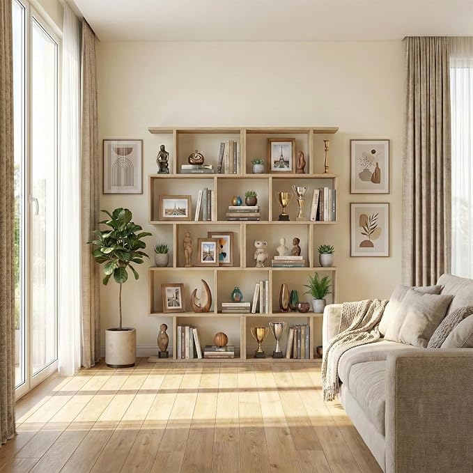 5-Tier Geometric Bookcase (Set of 2), 62.6" Tall S-Shaped Bookshelf & Room Divider, Modern Oak Freestanding Display Shelving Unit for Living Room, Hallway, Home Office