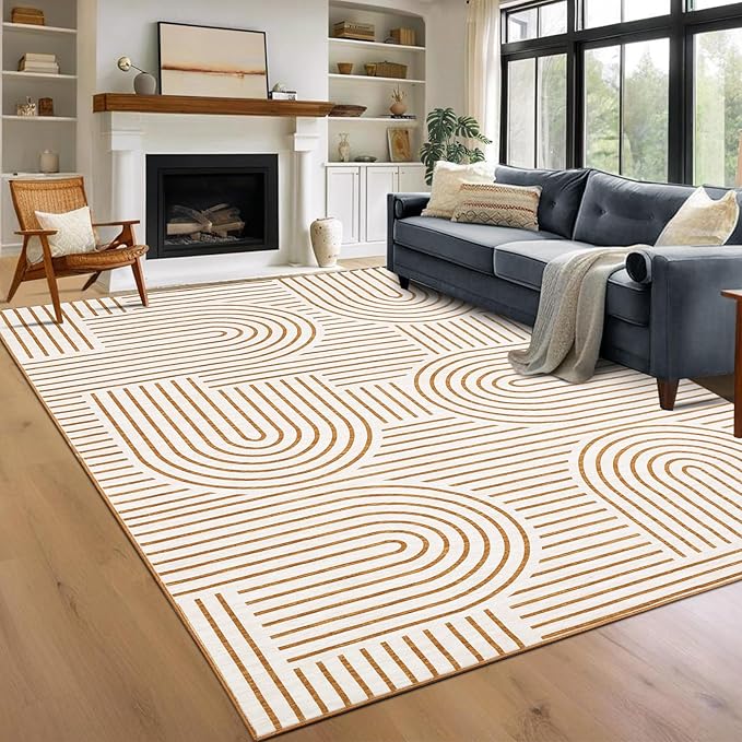 Washable Rug 9x12 Area Rugs for Living Room, Abstract Rug for Bedroom, Soft Rainbow Non Slip Throw Rugs with Rubber, Low Pile Stain Resistant Boho Geometric Carpet for Dining Room, Orange