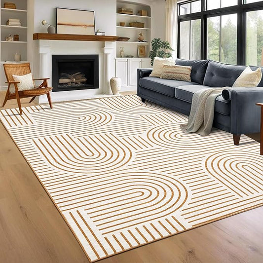 Washable Rug 9x12 Area Rugs for Living Room, Abstract Rug for Bedroom, Soft Rainbow Non Slip Throw Rugs with Rubber, Low Pile Stain Resistant Boho Geometric Carpet for Dining Room, Orange
