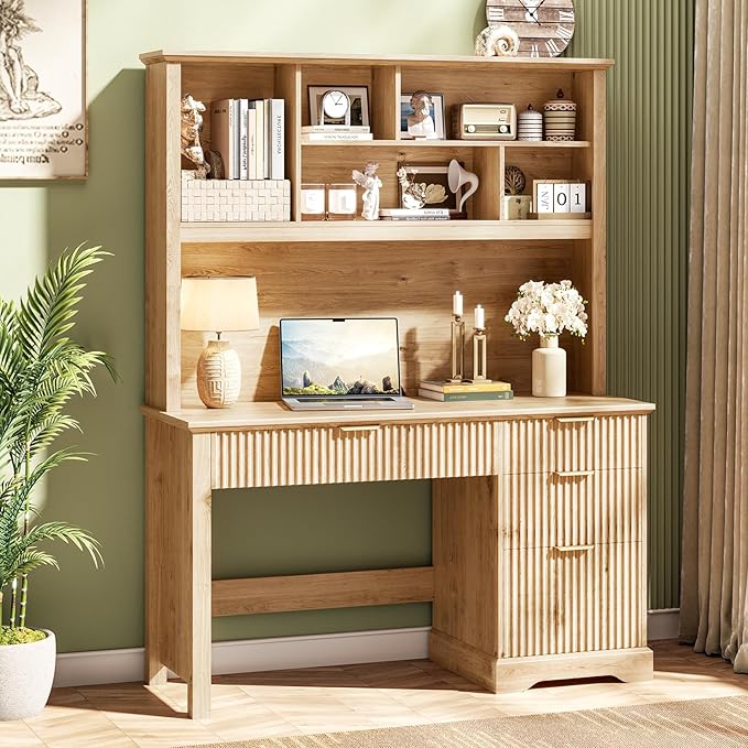 Vabches Fluted Executive Desk with Drawers, Wood Computer Desk with Ample File Drawer, Home Office Desk with Hutch for Study, Bedroom, Living Room, Oak