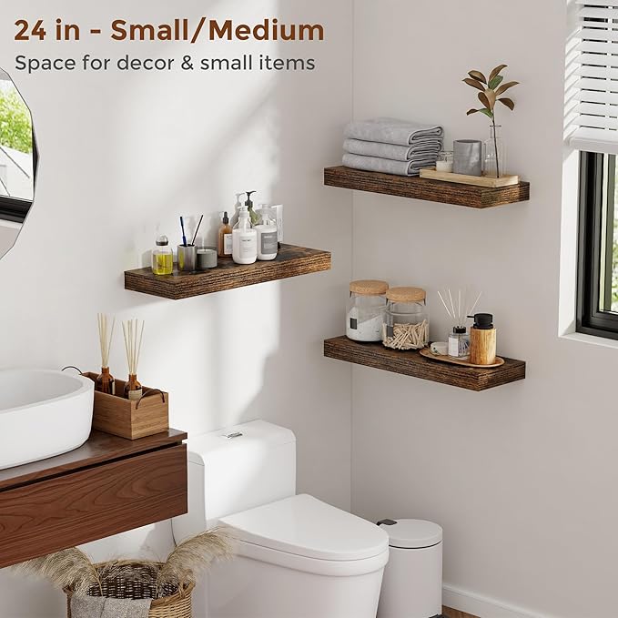 Heimlove 48 Inch Floating Shelves for Wall 8 Inch Deep Rustic Brown Shelves Set of 2,Wall Mounted Rustic Wood Long Floating Shelf，Large Display & Storage Shelf with Invisible Brackets