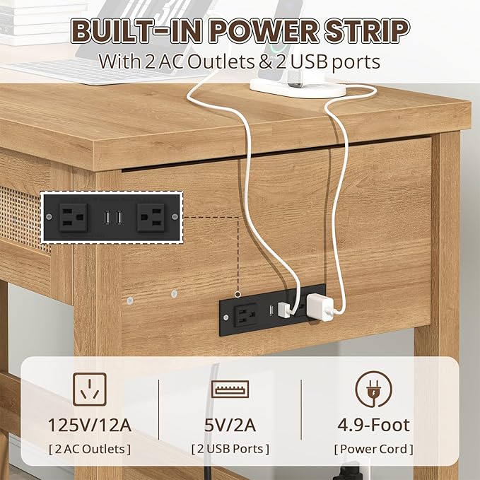 YOMILUVE Rattan Computer Desk with 2 Drawers, 39 Inch Small Desk with Power Outlets, Farmhouse Boho Vanity Desks, Compact Writing Study Table for Small Spaces, Oak