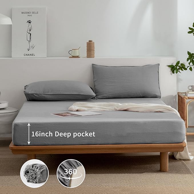 EVERLY Linen Sheets Set Full Size,100% French Stonewash Pure Linen Bed Sheets,4Pieces (1Flat Sheet,1Fitted Sheet,2Pillowcase) Suitable for Hot Sleepers,Deep Pocket Natural Bedding Set-Light Grey
