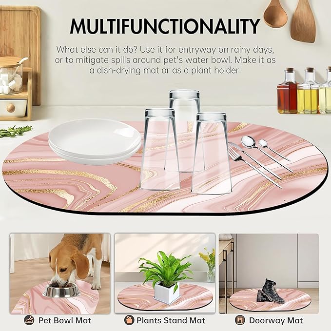 Bathroom Rug Mat Abstract Pink Golden Marble Oval Bath Mat Doormat Absorbent Quick Dry Non Slip Diatom Mud Mat for Shower Tub Sink Laundry Kitchen Doorway 23.6x15.7 Inches