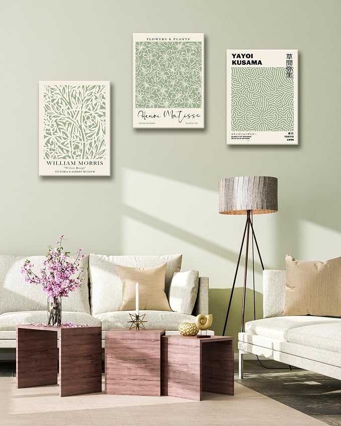 HesenDot Green Botanical Framed Wall Art Set, 12x16in Matisse William Morris Canvas Prints,Minimalist Classic Plants Home Decor for Living Room Bedroom Bathroom Office, Set of 3