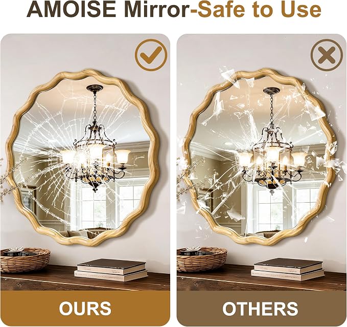AMOISE Scalloped Round Mirror 28", Boho Wavy Wooden Frame Wall Mirror, Shatterproof Circle Accent Mirror for Bathroom, Bedroom, Entryway and Living Room