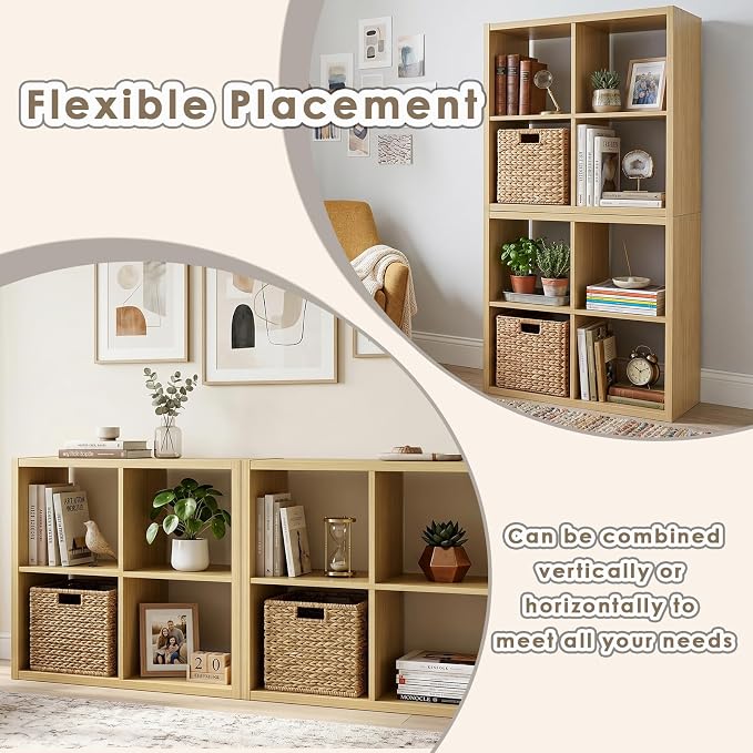 Endearing Limons【2026 Wooden Thick Border】 4 Cube Shelf Storage Organizer with Anti-Tipping Kits + Reversible Open Back Bookcase (11 * 11 Unit Cell Oak)