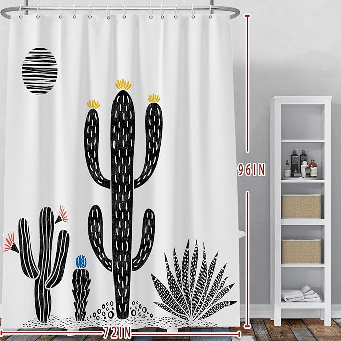 Baocicoo Boho Cactus Shower Curtain Tropical Plants Minimalism Floral Abstract Moon Black and White Shower Curtains for Hotel Home Bathroom Polyester Waterproof Fabric with Hooks 72x96 Inches