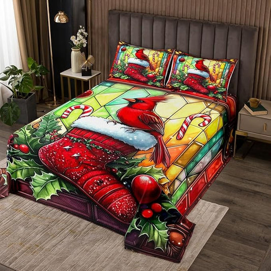 Merry Christmas Kids Bedspread Queen Size,Redbird Candy Christmas Stocking Happy New Year Coverlet Set,Boys Girls Room Decor,Leaves Geometric Quilted Coverlet,Red Xmas Bedding Quilt,2 Pillowcases