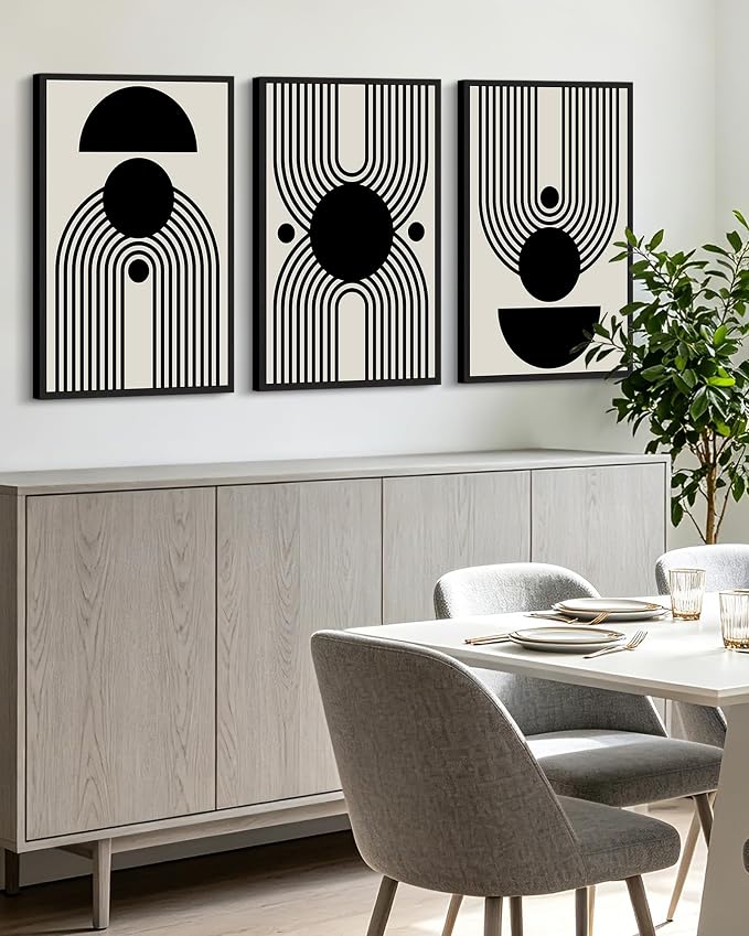 KUVIOKE Black Abstract Framed Wall Art Minimalist Geometry Lines Painting Artwork for Living Room Bedroom 24x36in (Black Framed)