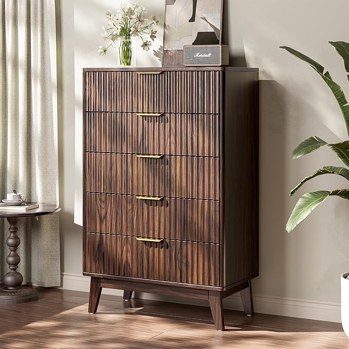 Modern Fluted 5 Drawer Tall Dresser, 48" H, Walnut, Curved Profile Design, Mid Century Wood Chest of Drawers for Bedroom, Living Room, Hallway