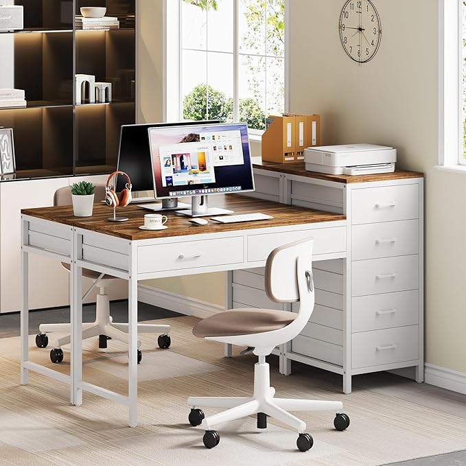 Computer Desk with Reversible Drawer, 55 inch Home Office Desks with 7 Drawers, Modern Compact Study Writing Table Workstation with Storage for Small Spaces, Light Brown and White