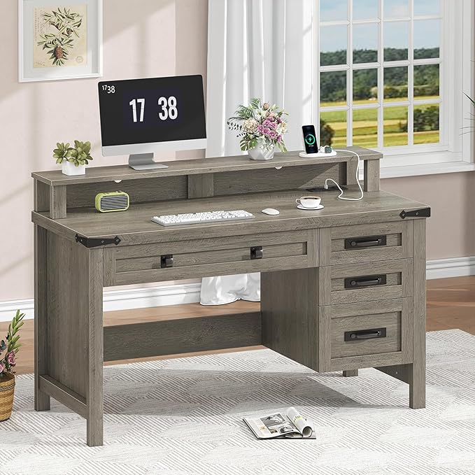 YOMILUVE Farmhouse Computer Desk with Drawers, 47" Small Computer Desk with Power Outlets, Home Office Desk with Monitor Stand & 4 Drawers, Writing Study Table, Grey