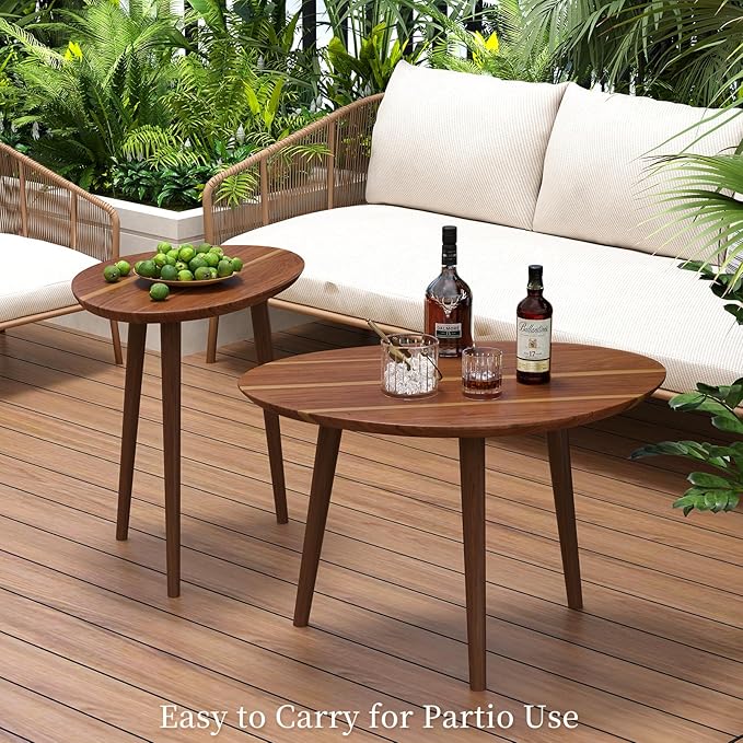 Small Oval Coffee Tables Set,Acacia Wood Tabletop Nesting Tables（25.6"x17.7"+17.7"x13.4" for Living Room Small Spaces Office,Easy Assembly Minimalist Walnut Mid Century Modern Coffee Table