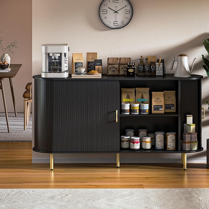 PUKAMI 55" Wood Buffet Sideboard Cabinet with Storage, Mid-Century Modern Coffee Bar Cabinet with Sliding Doors & Shelves, Accent Credenza Console Table for Kitchen, Dining Room, Entryway (Black)