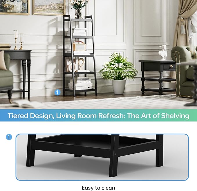 SMIBUY Bamboo Ladder Bookcase, Bathroom Storage Rack Organizer, 4 Tier and 5 Tier Freestanding Plant Display Stand Space Saver Shelves for Bedroom, Kitchen, Balcony (Black, 5 Tiers (50" H))