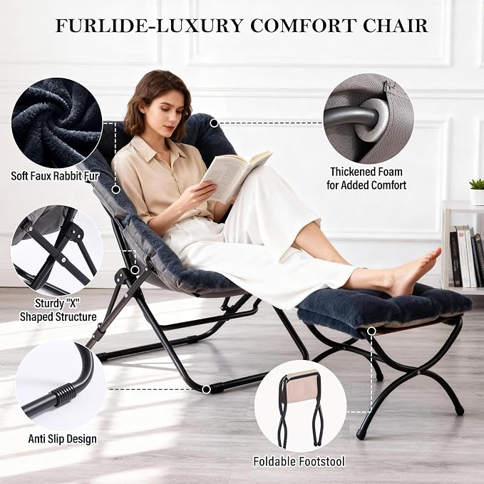 Furlide Saucer Chair with Ottoman, Comfy Doorm Chairs, Oversized Folding Faux Fur Chair, Foldable Metal Frame Chair for Bedroom, Living Room(Navy Blue)