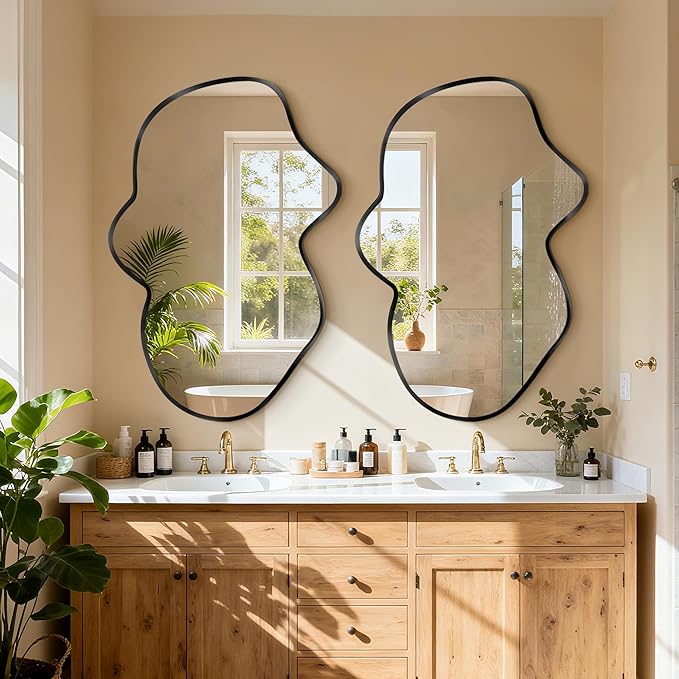 Irregular Wall Mirror, Black Bathroom Wavy Abstract Mirror for Over Sink, Decorative Cloud-Shaped Wall Mirror, Stylish Shatter-Proof HD Mirror for Bedroom, Entryway (22"x36", S, 1 Pack)