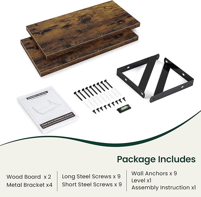 Floating Shelves, 8 Inch Deep Rustic Wood Wall Storage, 16W x 8D Wall Shelves Set of 2, Heavy Duty Metal Brackets, Industrial Book Shelf for Living Room, Kitchen, Bathroom, Bedroom, Brown