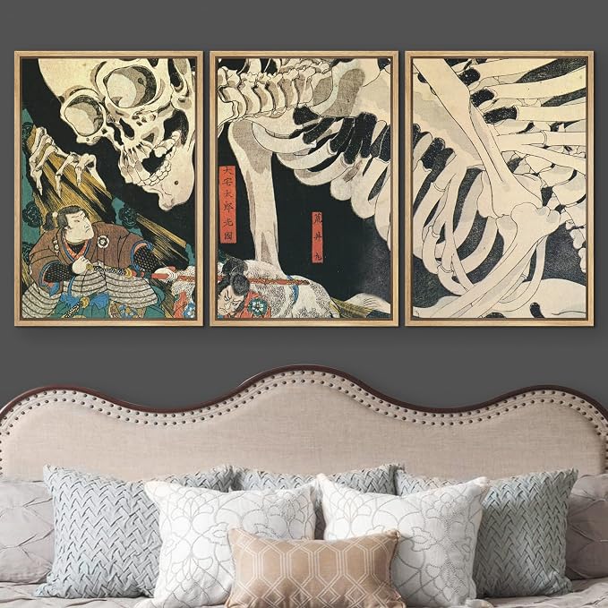wall26 Framed Wall Art Print Set Witch & Skeleton Ukiyo-E by Utagawa Takiyasha Historic Cultural Illustrations Fine Art Chic Scenic Multicolor for Living Room, Bedroom, Office - 24"x36"x3 Natural