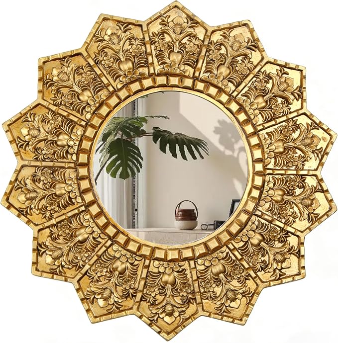 Vintage Gold Round Sunburst Mirror,with Exquisite Relief Elegant Wall Decor,Resin Decorative Mirrors Suitable for Gallery Living Rooms(Gold 12")